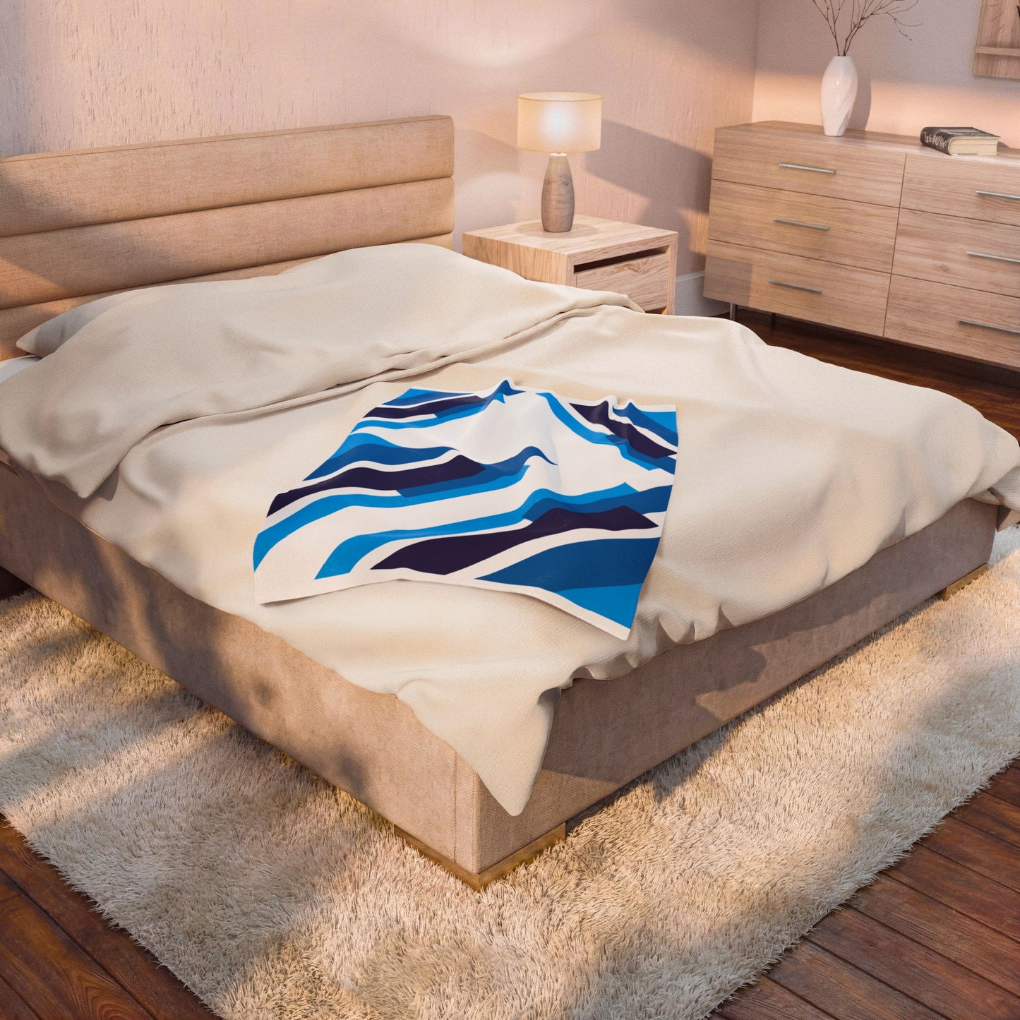 Blue Geometric Stripes Velveteen Plush Blanket | Modern Diagonal Pattern