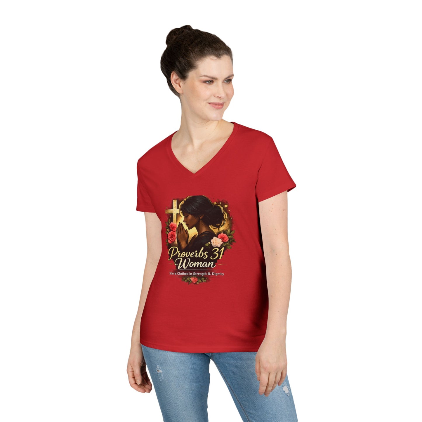 Proverbs 31 Woman V-Neck Tee — Faithful Christian Ladies Floral Shirt