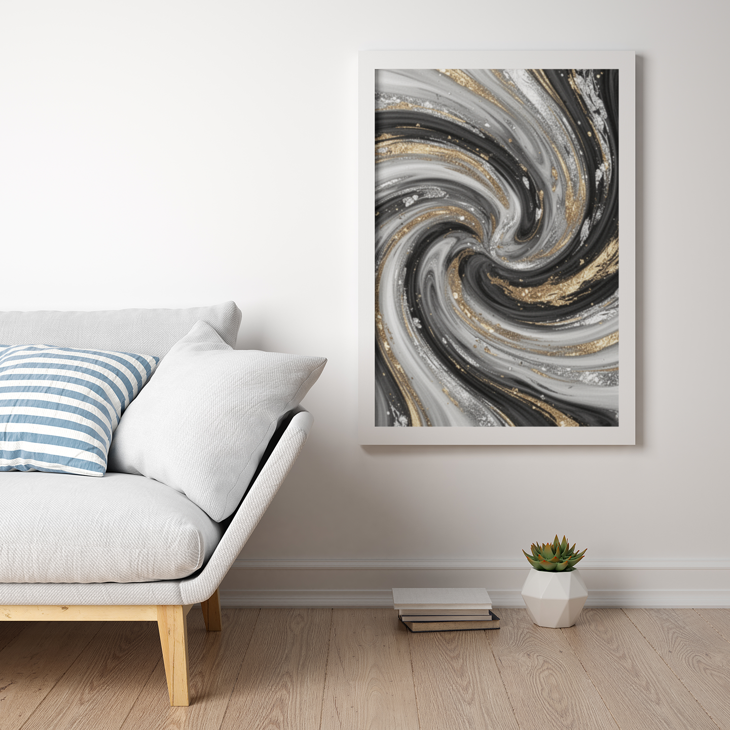 Gold Marble Swirl Canvas Black White Abstract Wall Art