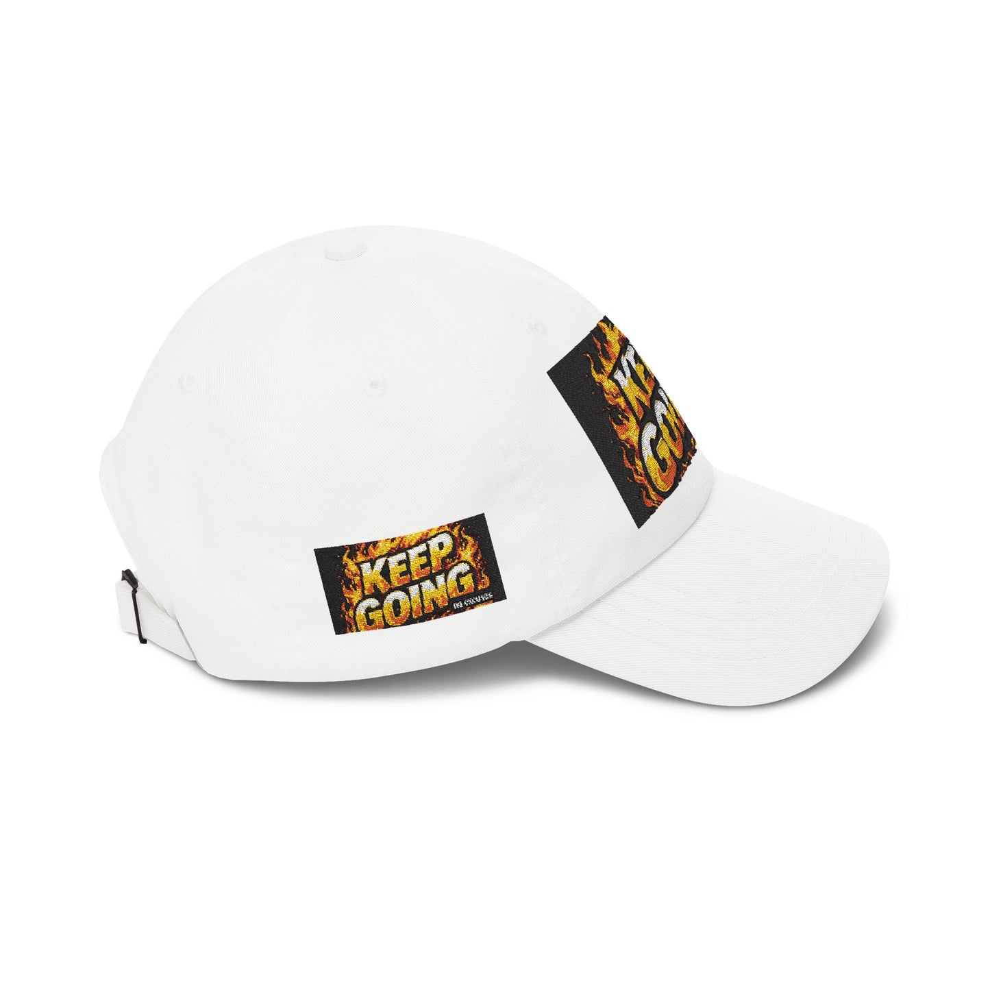 Keep Going Flame Patch Dad Cap — Motivational Fire Graphic Hat