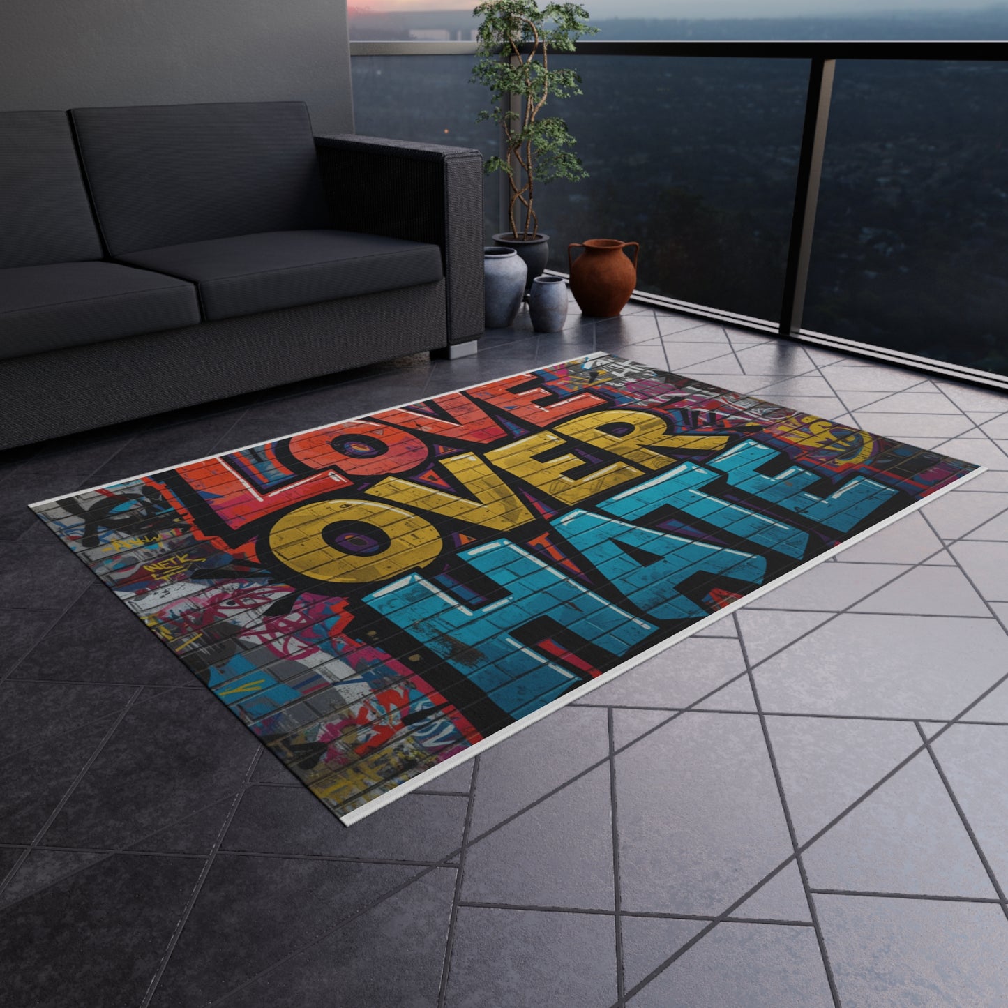 Love Over Hate Outdoor Rug — Colorful Graffiti Patio Mat