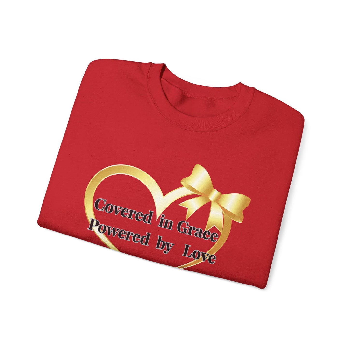 Crewneck Sweatshirt — "Covered in Grace Powered by Love" Gold Heart Design