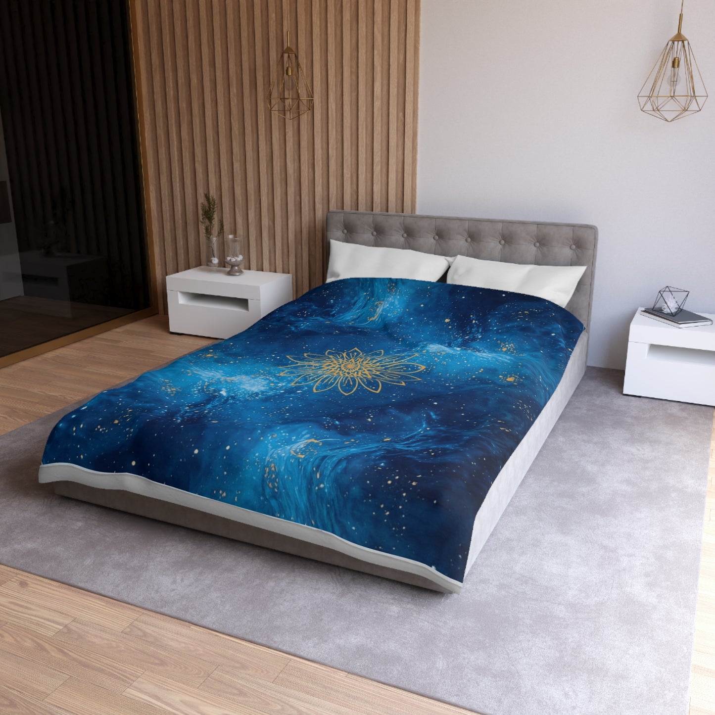 Galaxy Mandala Duvet Cover — Blue Cosmic Bedding with Gold Floral Mandala