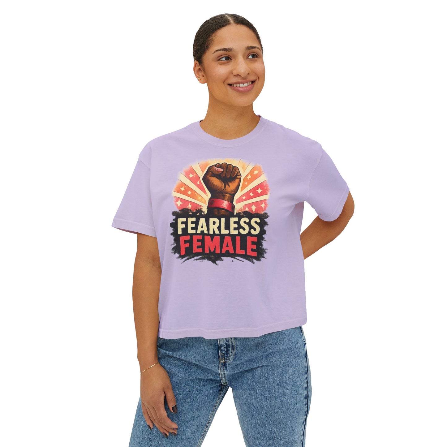 Fearless Female Boxy Tee — Empowerment T‑Shirt with Raised Fist Graphic
