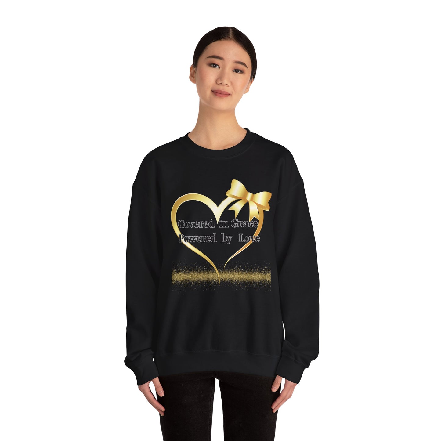 Crewneck Sweatshirt — "Covered in Grace Powered by Love" Gold Heart Design