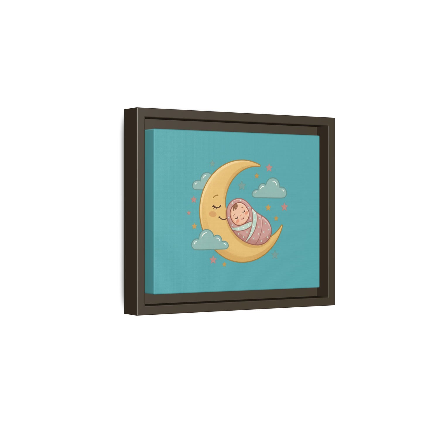 Framed Baby Moon Nursery Canvas – Cute Sleeping Baby on Crescent Moon Wall Art