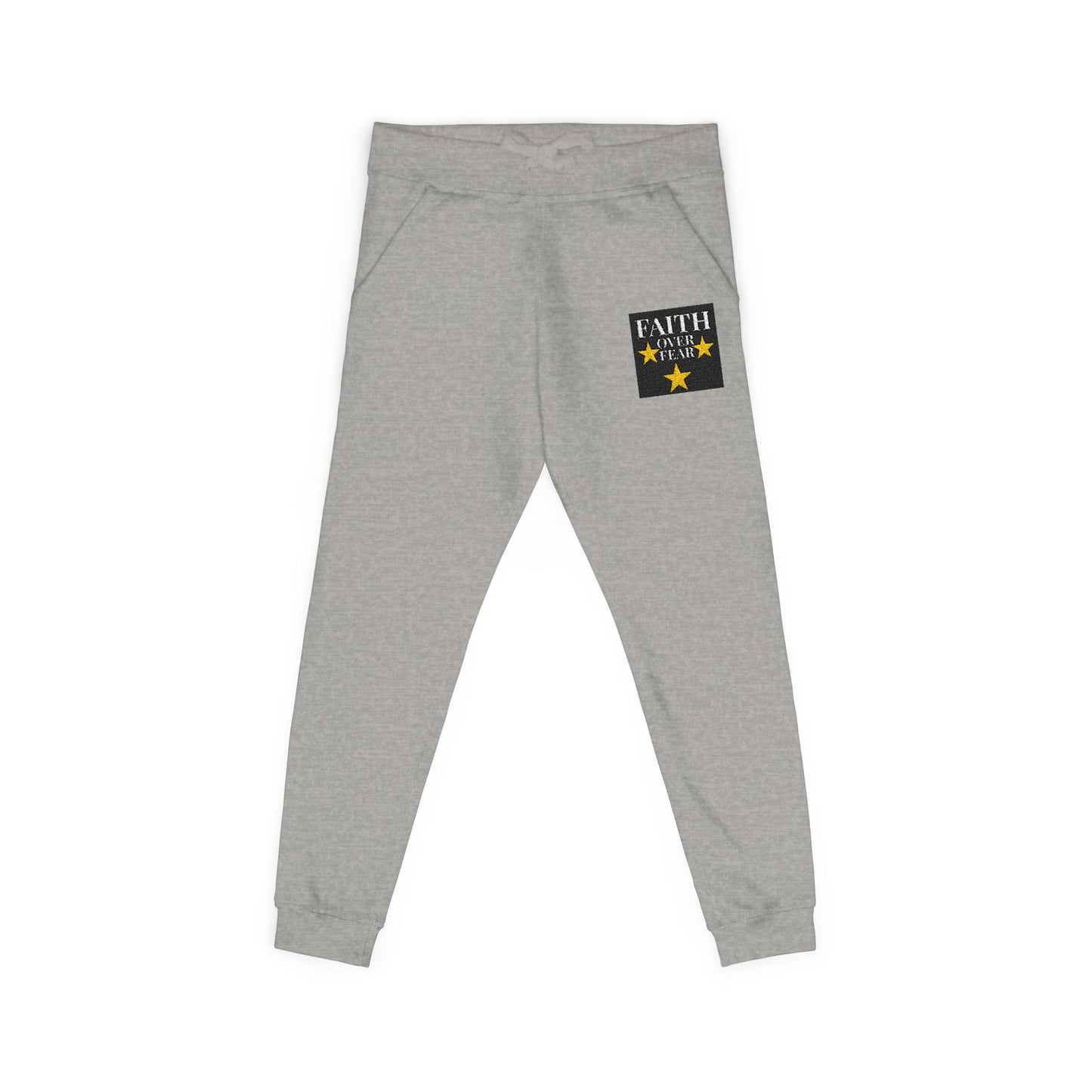 Embroidered Star Patch Sweatpants — White Fleece Joggers