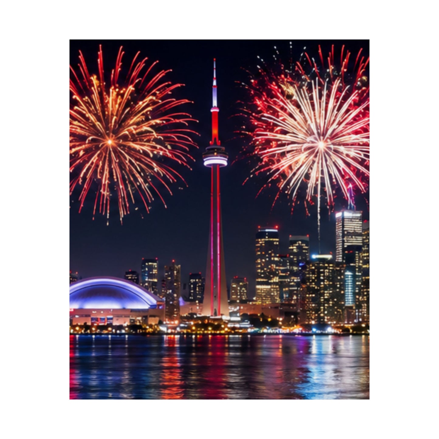 CN Tower Fireworks Matte Vertical Poster — Toronto Skyline Night Celebration Wall Art