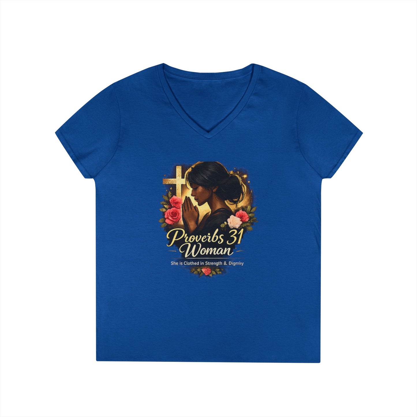 Proverbs 31 Woman V-Neck Tee — Faithful Christian Ladies Floral Shirt