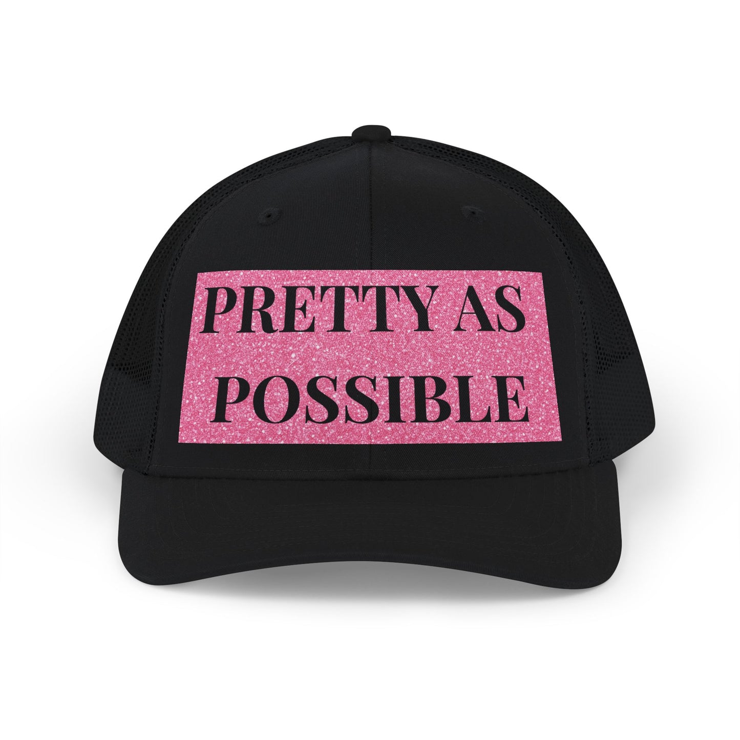 PRETTY AS POSSIBLE Snapback Hat | Pink Glitter Text Trucker Cap