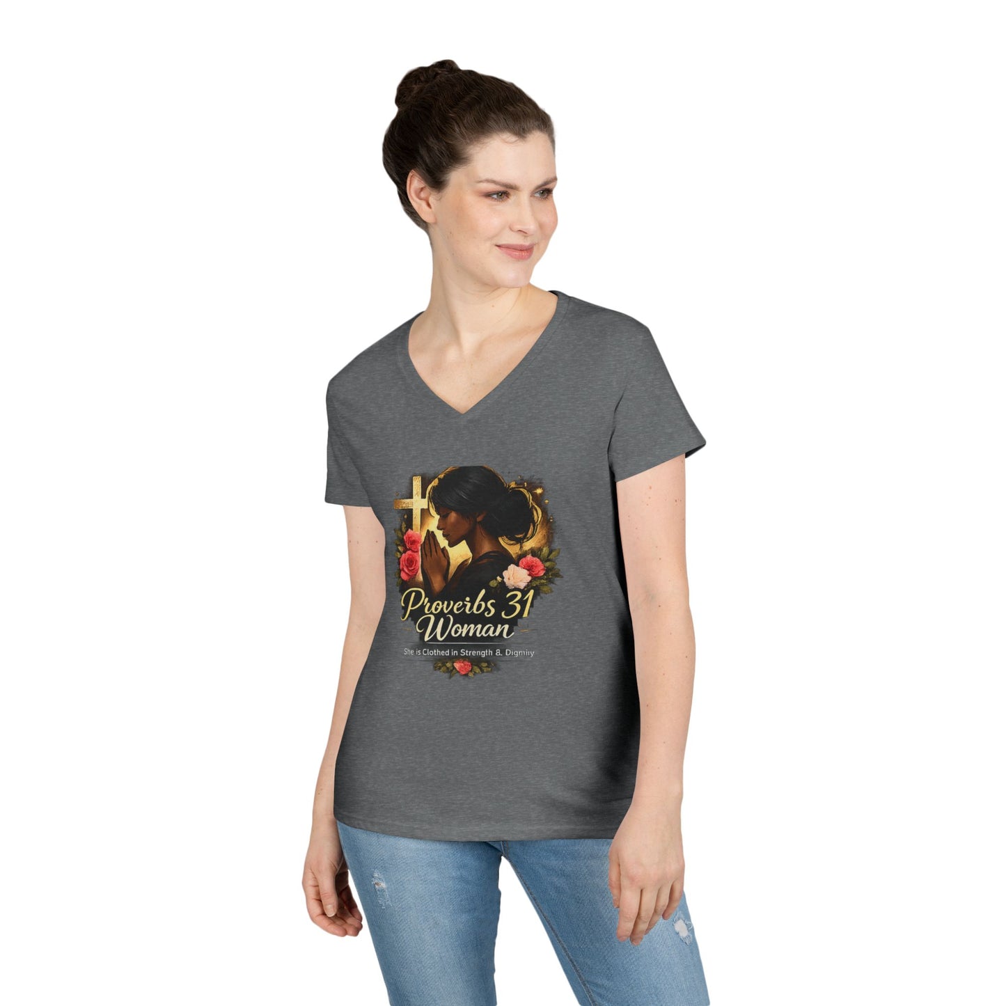 Proverbs 31 Woman V-Neck Tee — Faithful Christian Ladies Floral Shirt