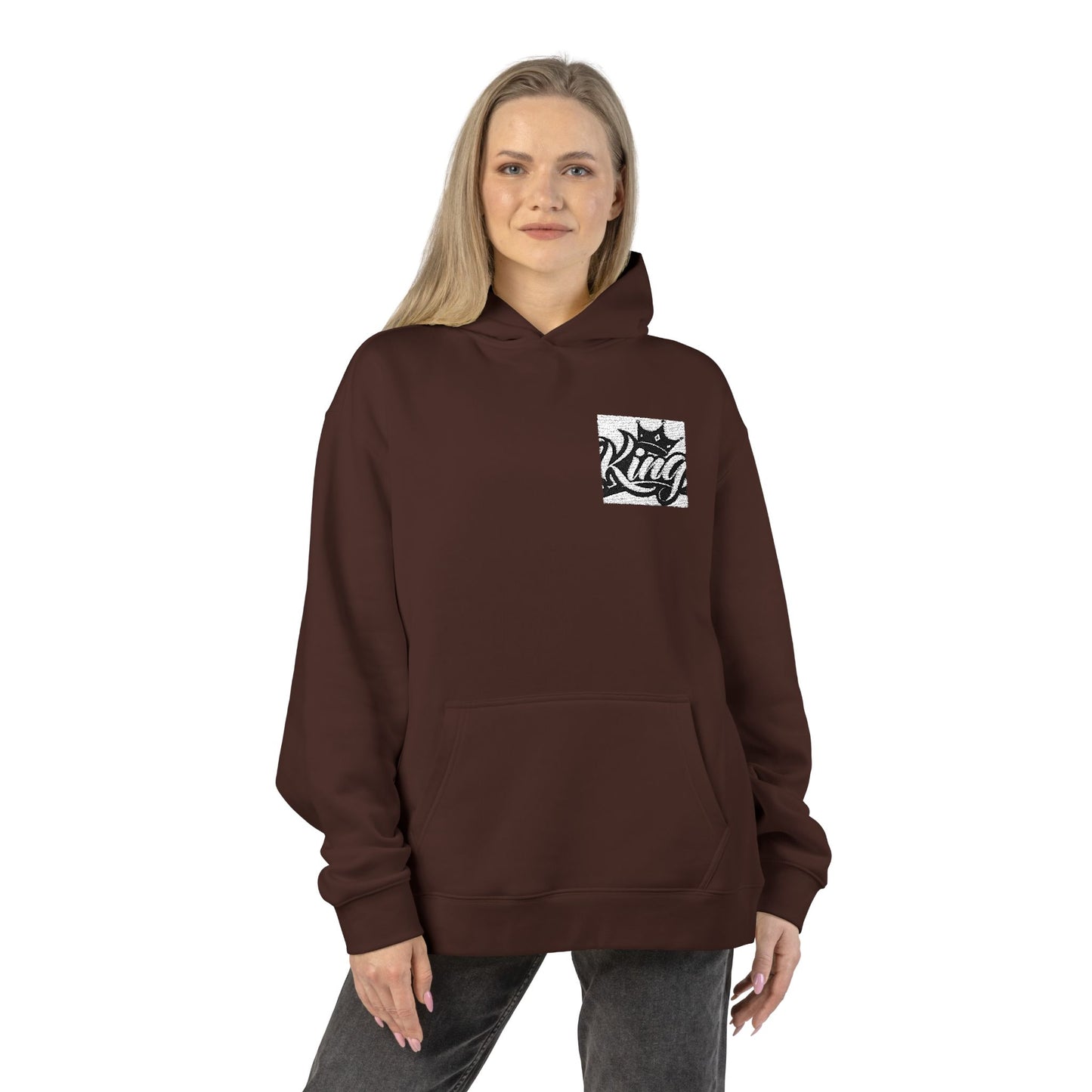 Relaxed Hoodie — Minimal Black Crown Chest Logo Hooded Sweatshirt