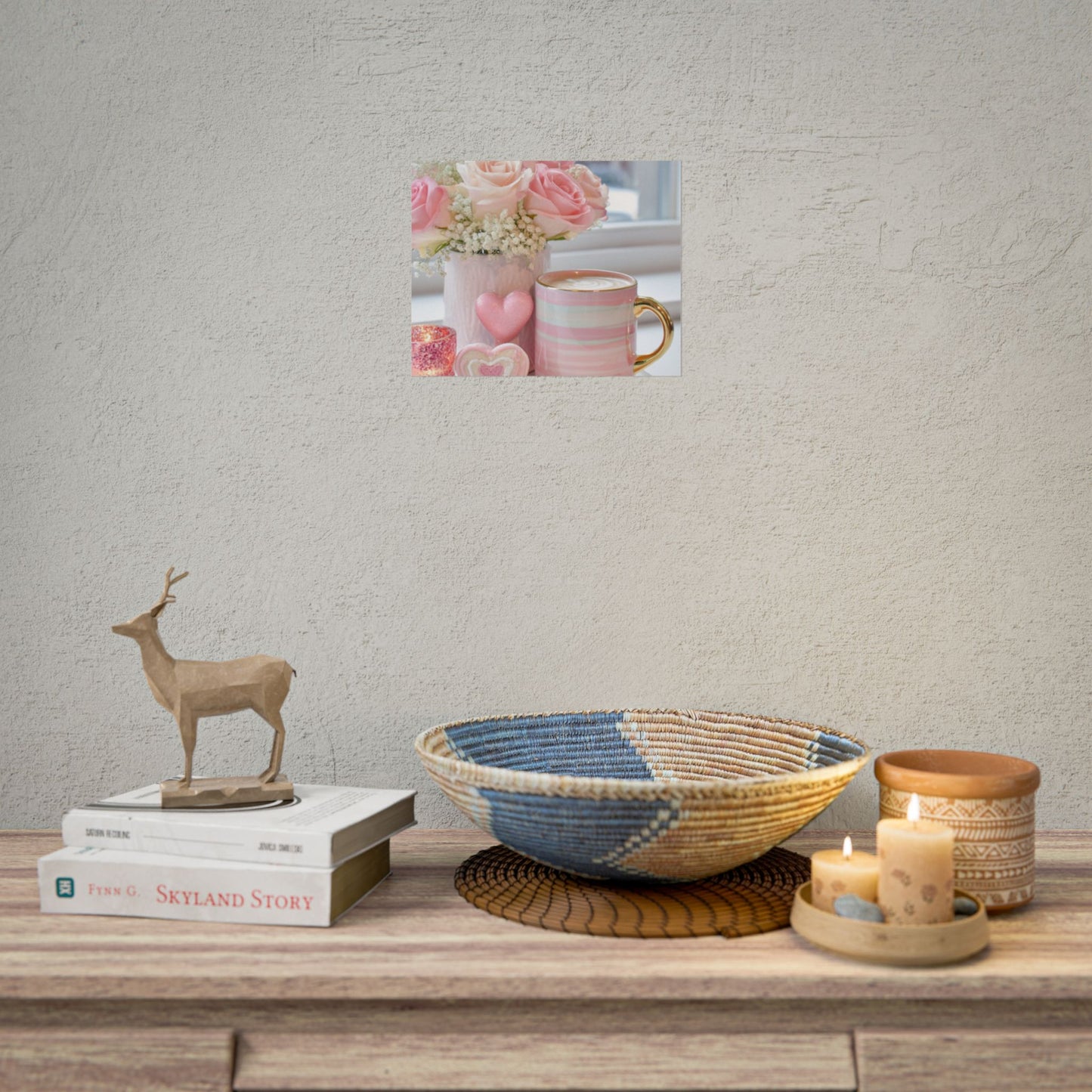 Pink Roses and Heart Mug Rolled Poster | Floral Coffee Still Life