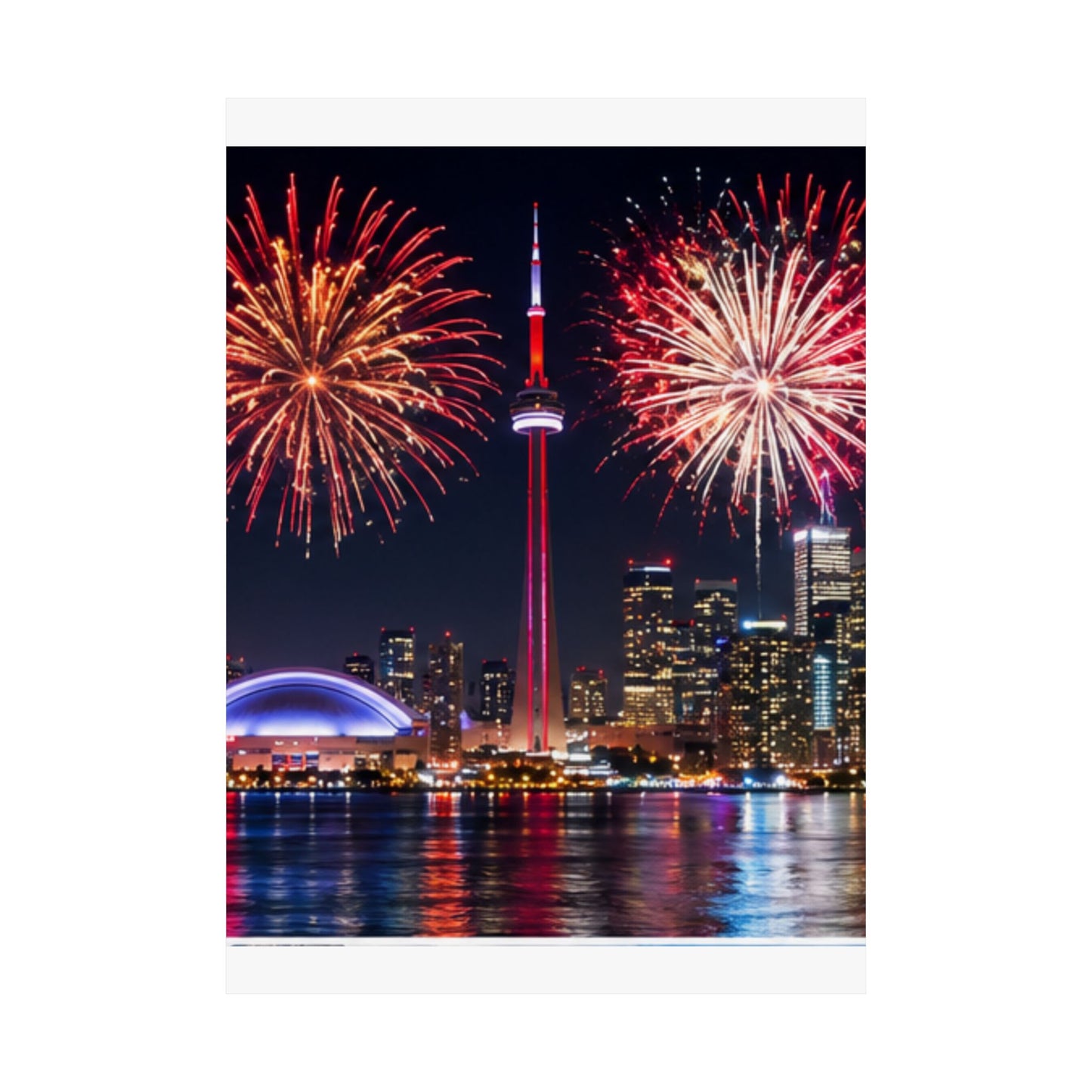 CN Tower Fireworks Matte Vertical Poster — Toronto Skyline Night Celebration Wall Art