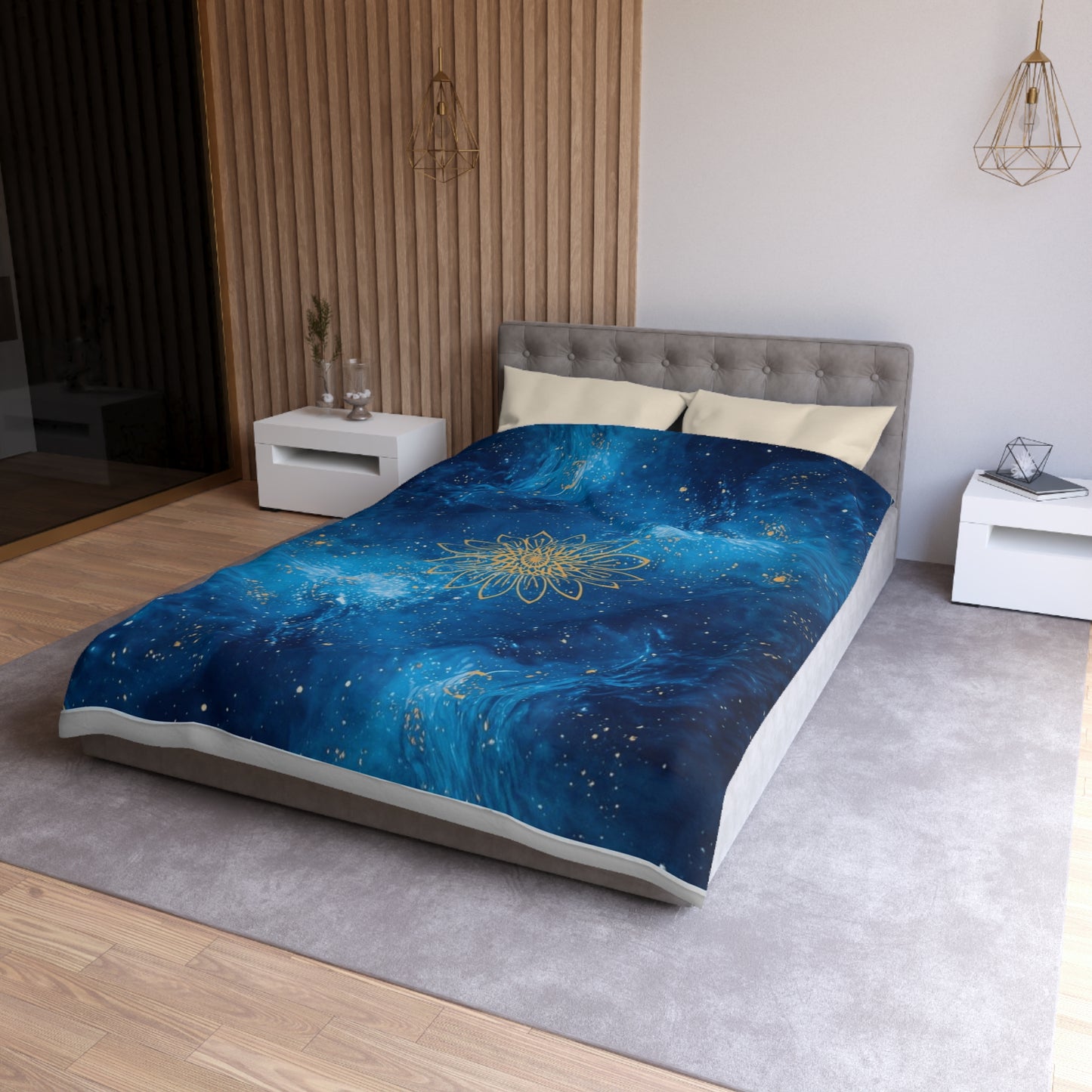Galaxy Mandala Duvet Cover — Blue Cosmic Bedding with Gold Floral Mandala