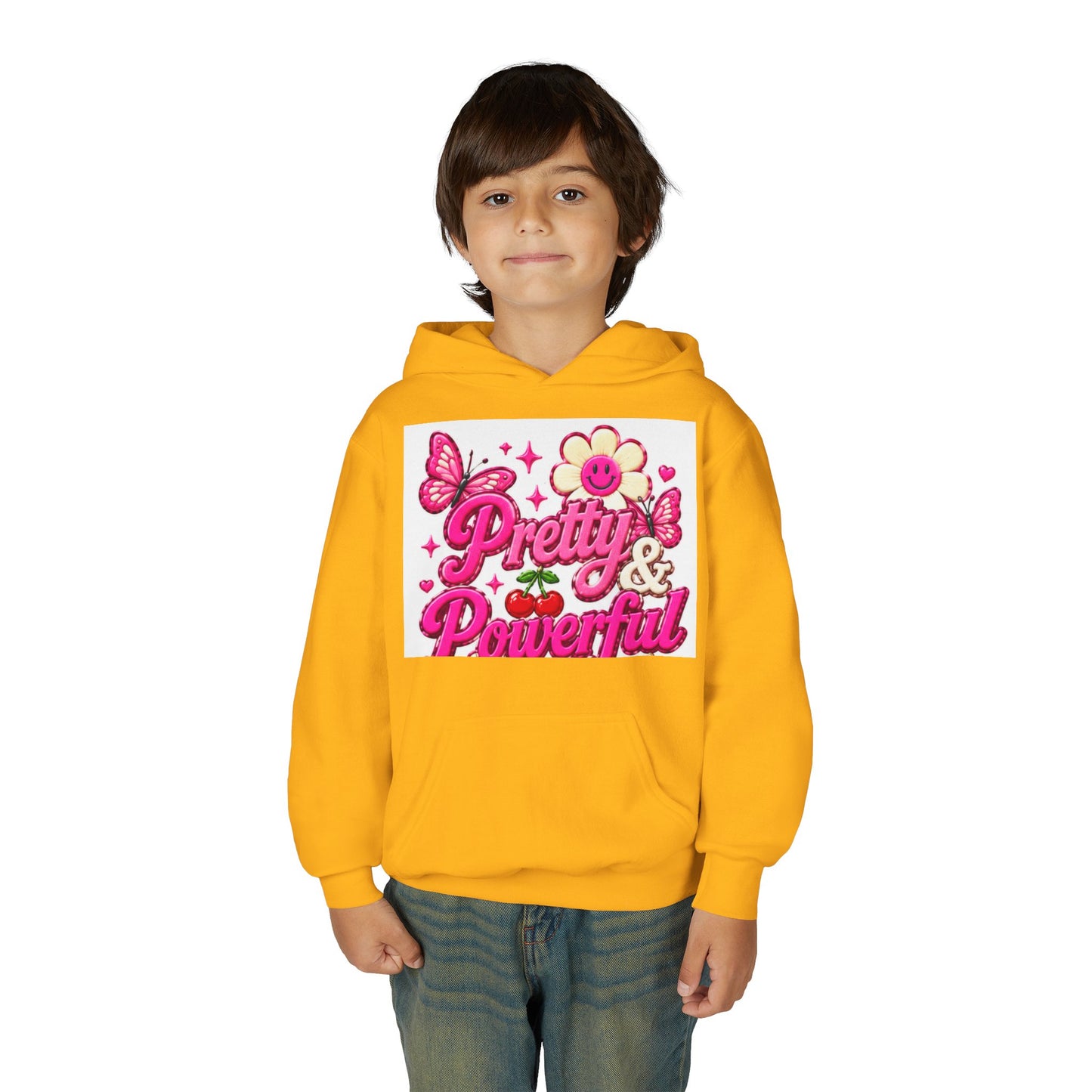 Pretty & Powerful Youth Hoodie | Pink Flower Butterfly Design