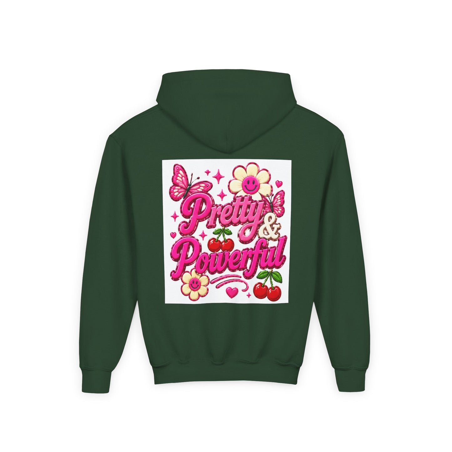 Pretty & Powerful Youth Hoodie | Pink Flower Butterfly Design