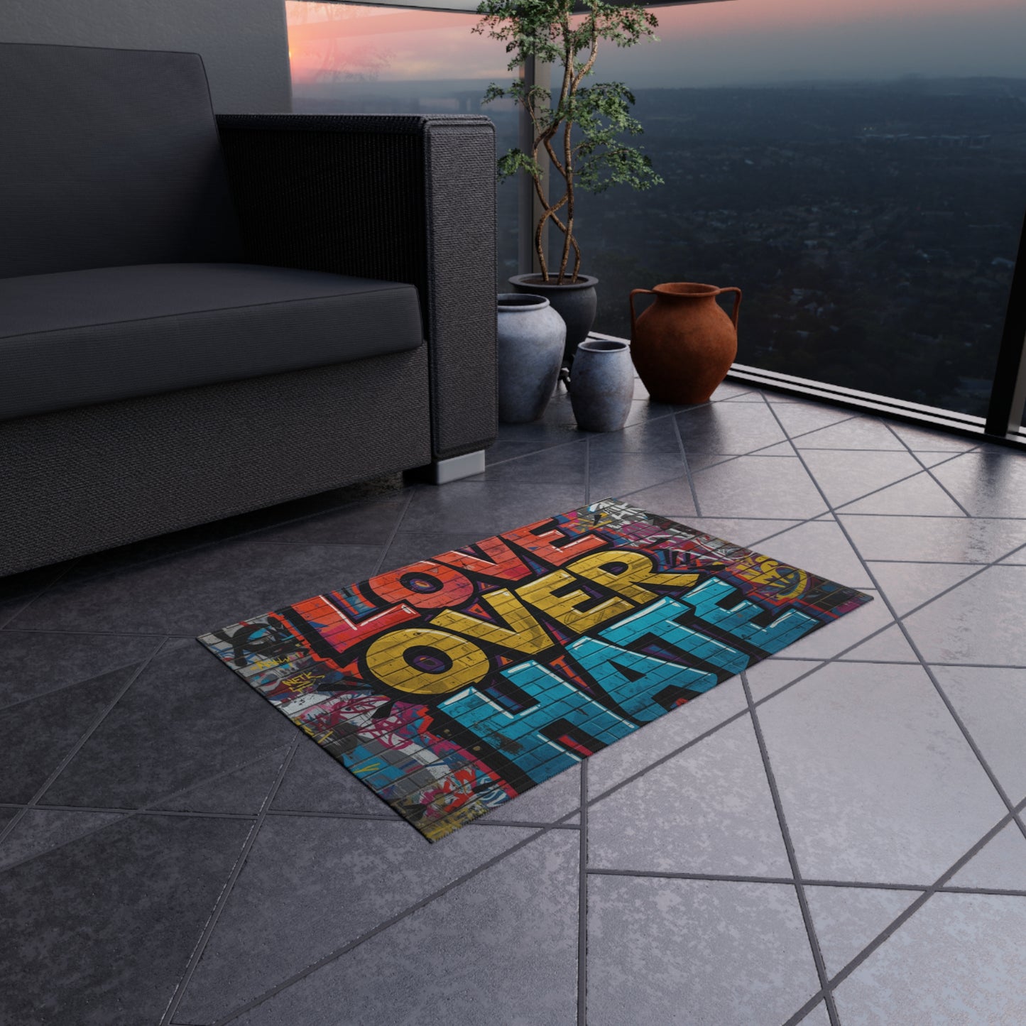 Love Over Hate Outdoor Rug — Colorful Graffiti Patio Mat
