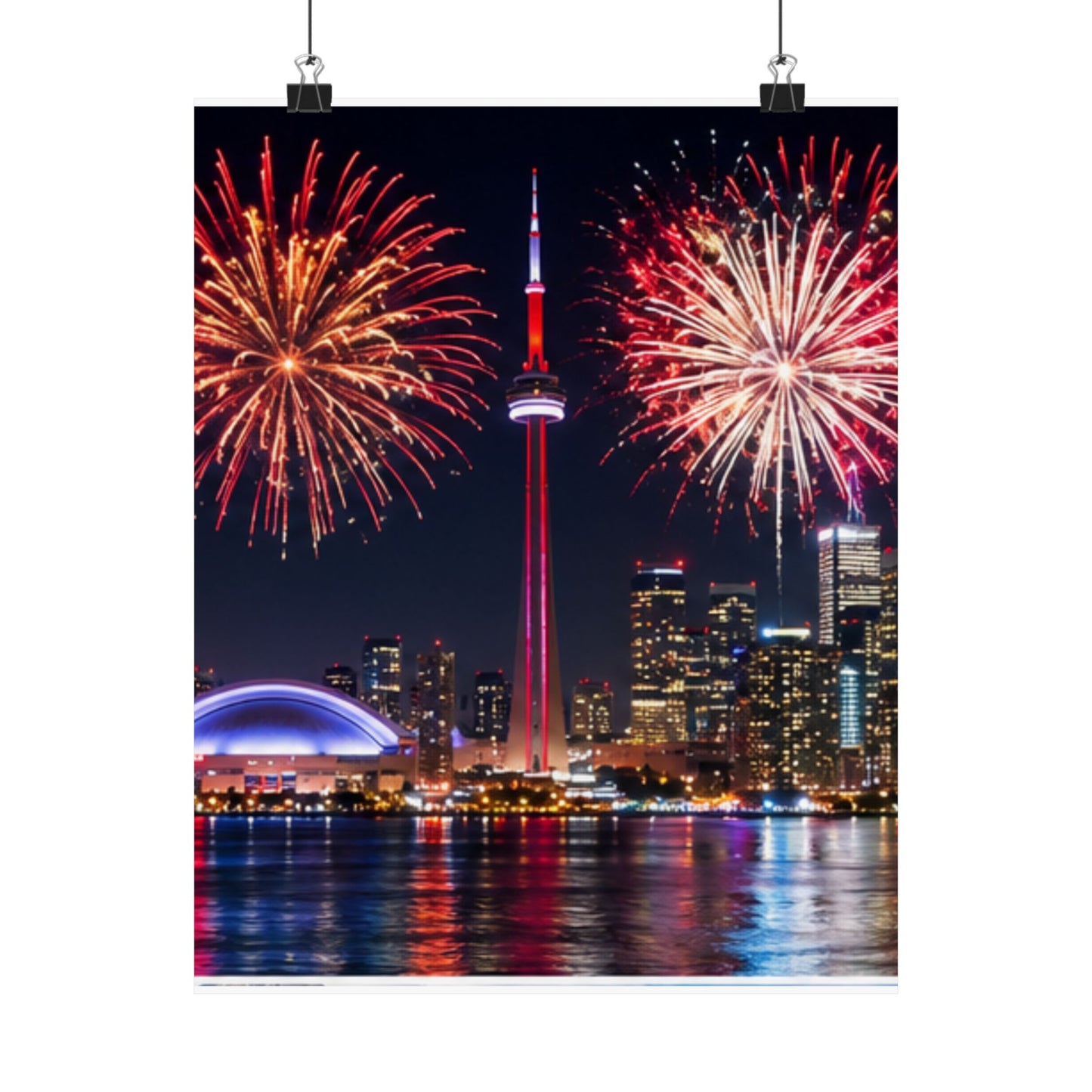 CN Tower Fireworks Matte Vertical Poster — Toronto Skyline Night Celebration Wall Art