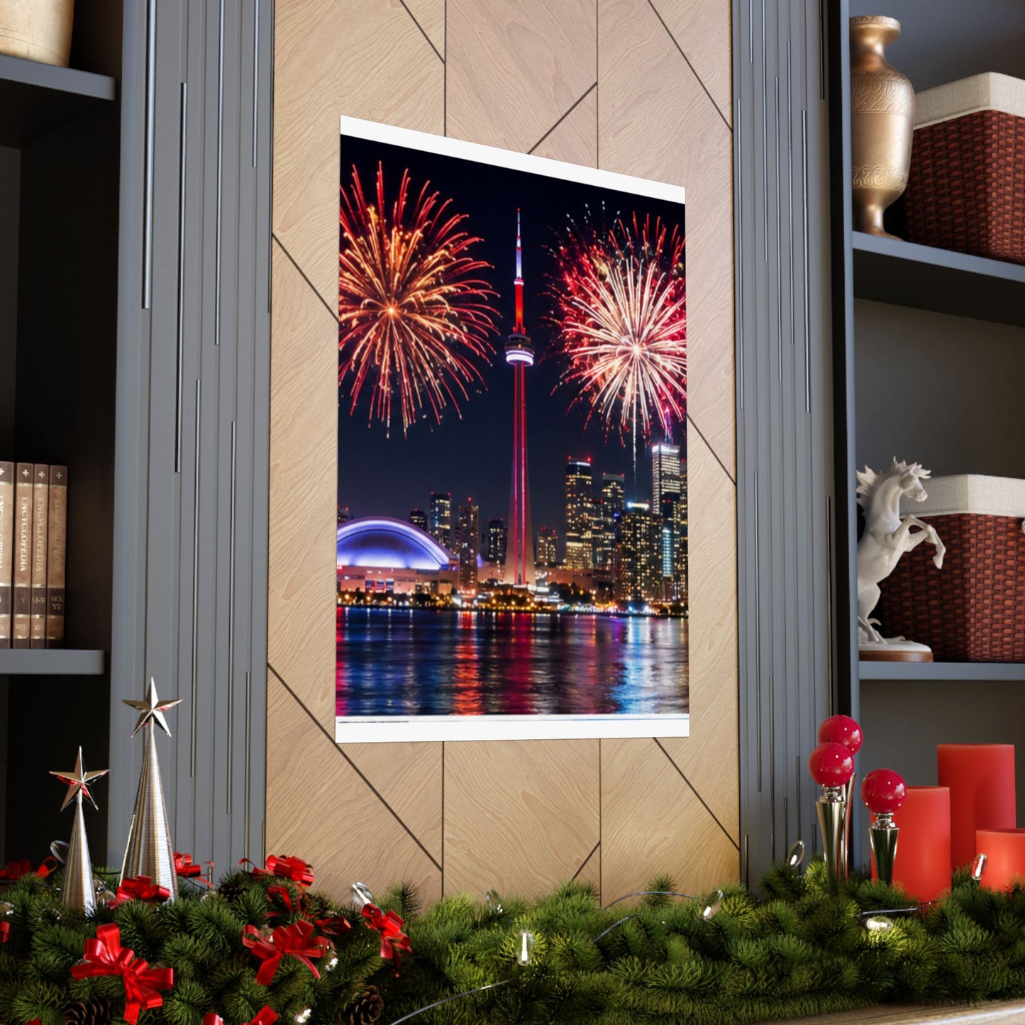 CN Tower Fireworks Matte Vertical Poster — Toronto Skyline Night Celebration Wall Art