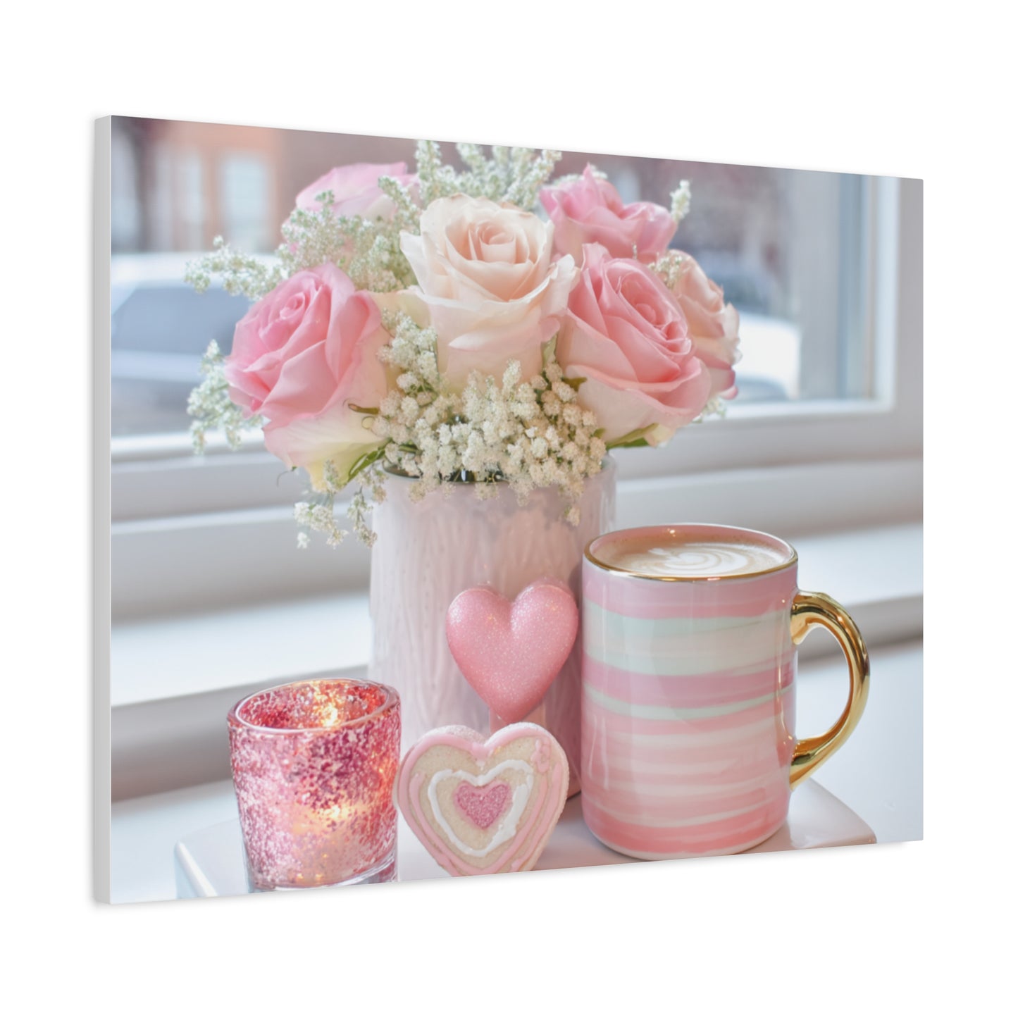 Pink Rose Bouquet with Mug Canvas