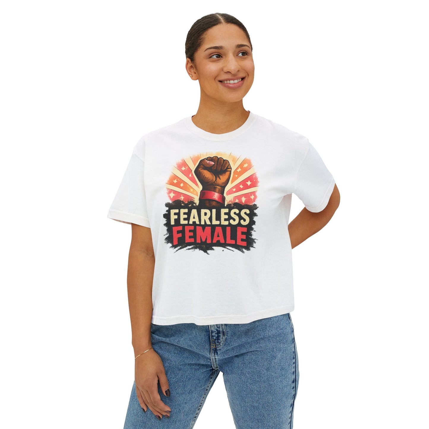 Fearless Female Boxy Tee — Empowerment T‑Shirt with Raised Fist Graphic