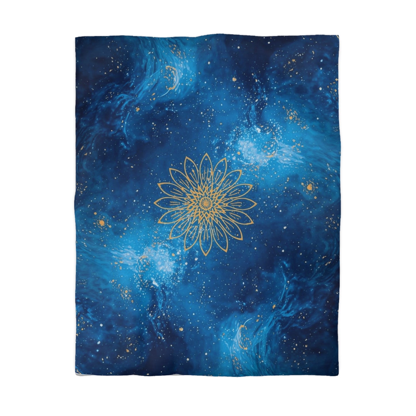 Galaxy Mandala Duvet Cover — Blue Cosmic Bedding with Gold Floral Mandala