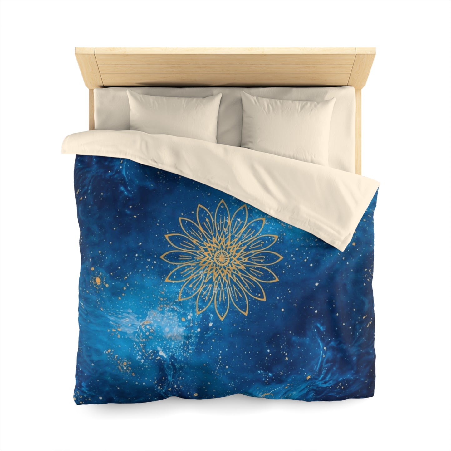 Galaxy Mandala Duvet Cover — Blue Cosmic Bedding with Gold Floral Mandala
