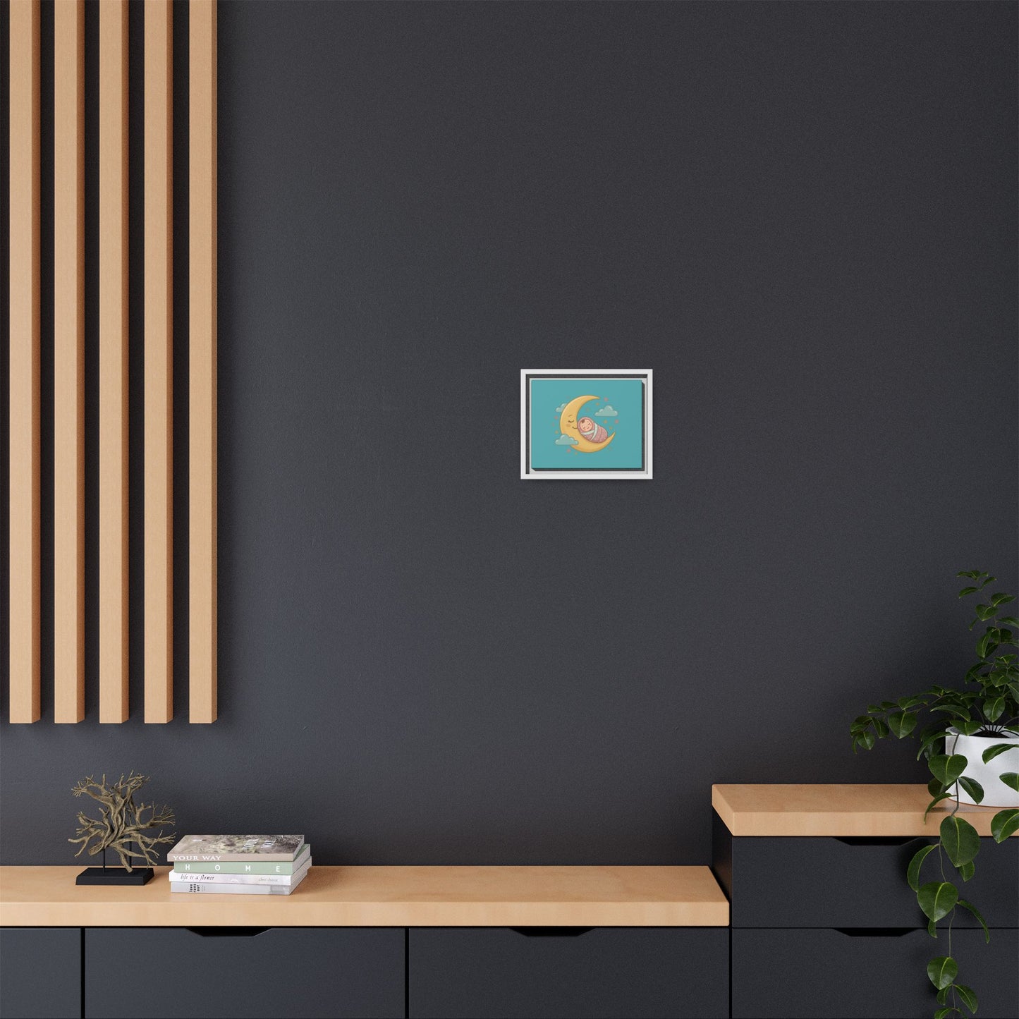 Framed Baby Moon Nursery Canvas – Cute Sleeping Baby on Crescent Moon Wall Art