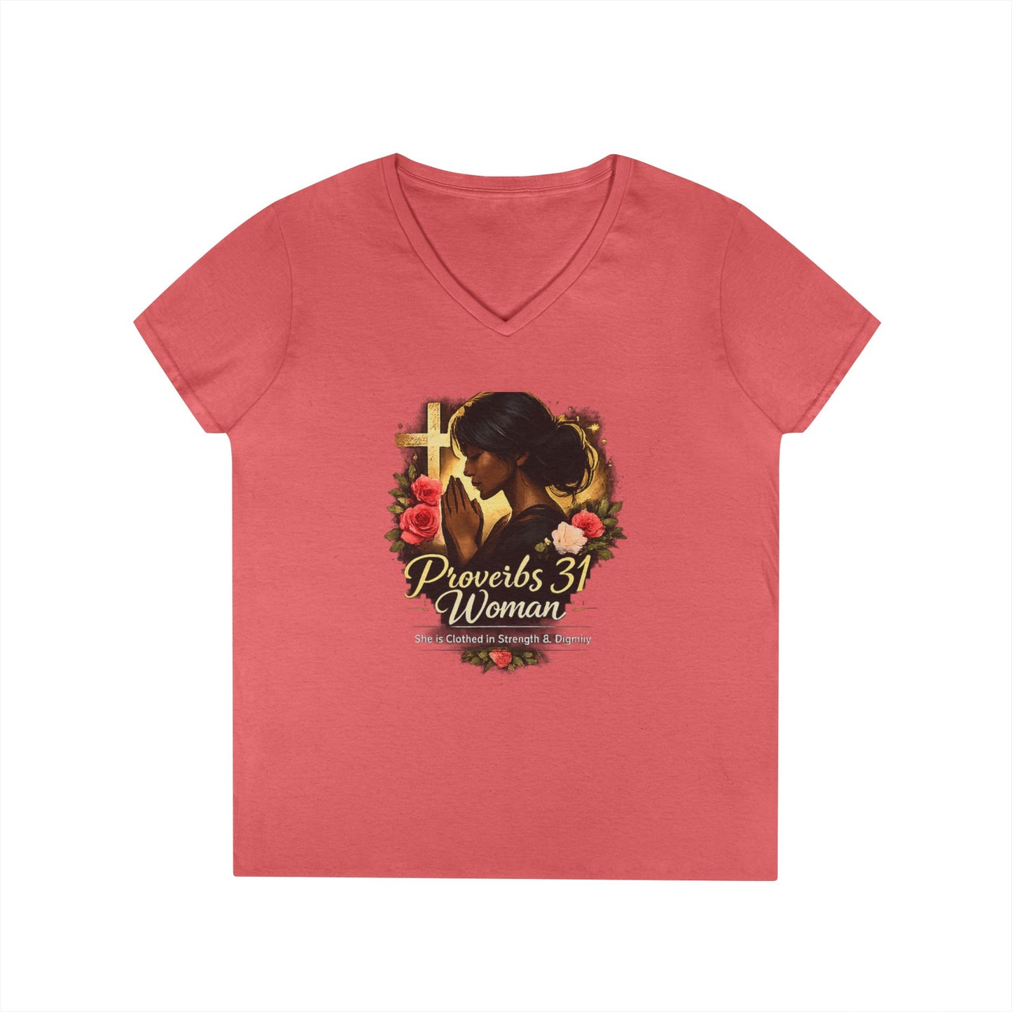 Proverbs 31 Woman V-Neck Tee — Faithful Christian Ladies Floral Shirt