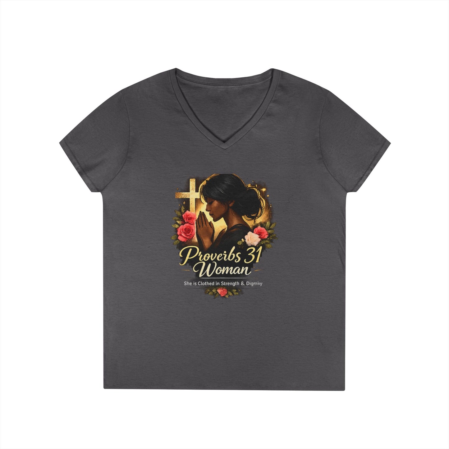 Proverbs 31 Woman V-Neck Tee — Faithful Christian Ladies Floral Shirt