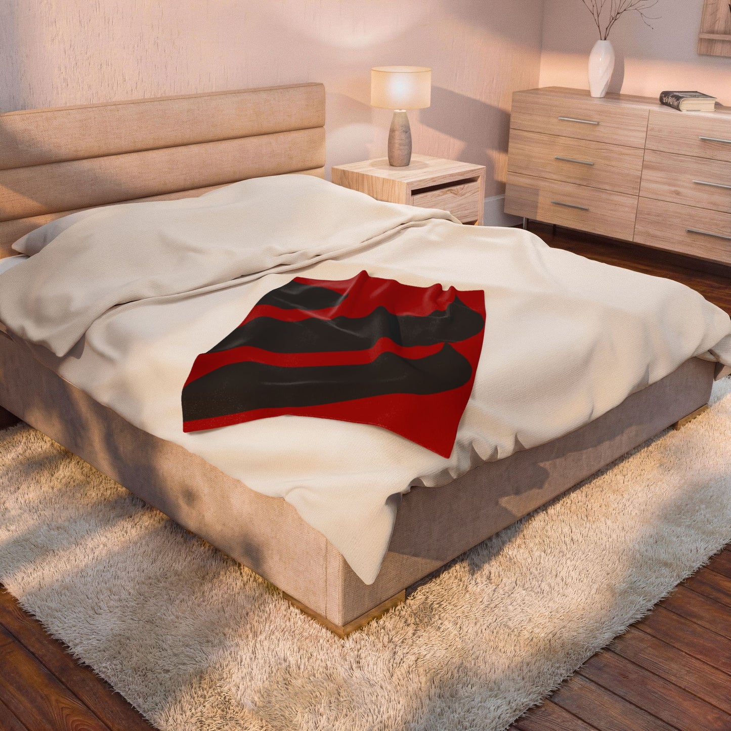 Bold Red Black Abstract Wave Velveteen Plush Blanket | Modern Geometric Throw