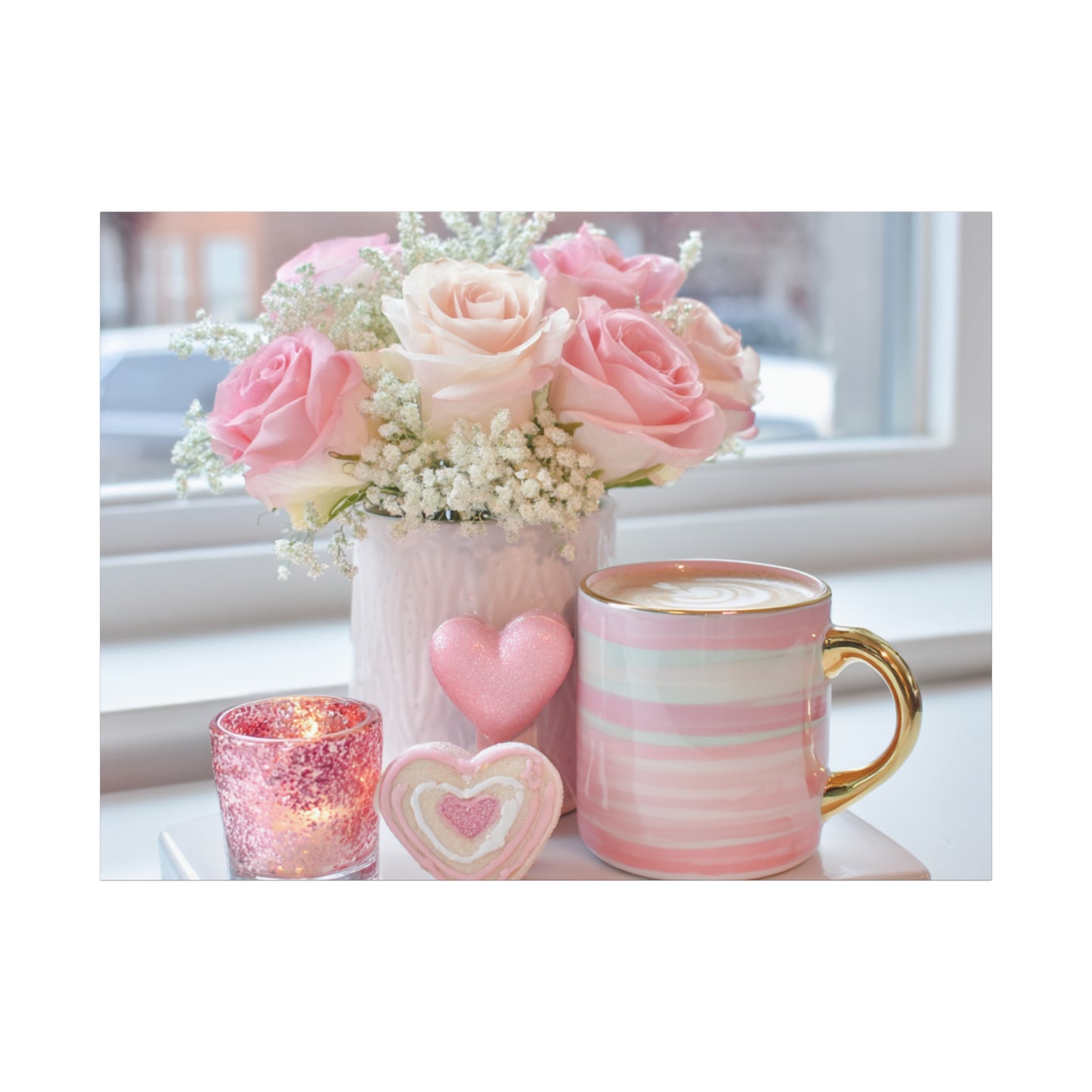 Pink Rose Bouquet with Mug Canvas