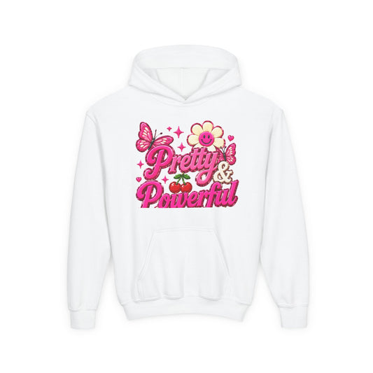 Pretty & Powerful Youth Hoodie | Pink Flower Butterfly Design