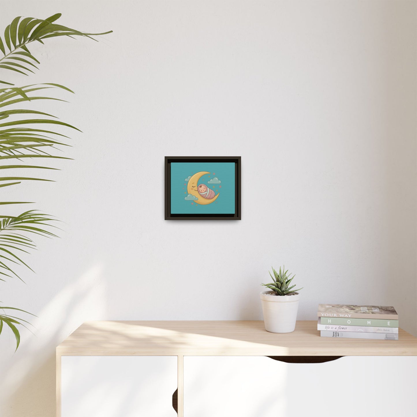 Framed Baby Moon Nursery Canvas – Cute Sleeping Baby on Crescent Moon Wall Art