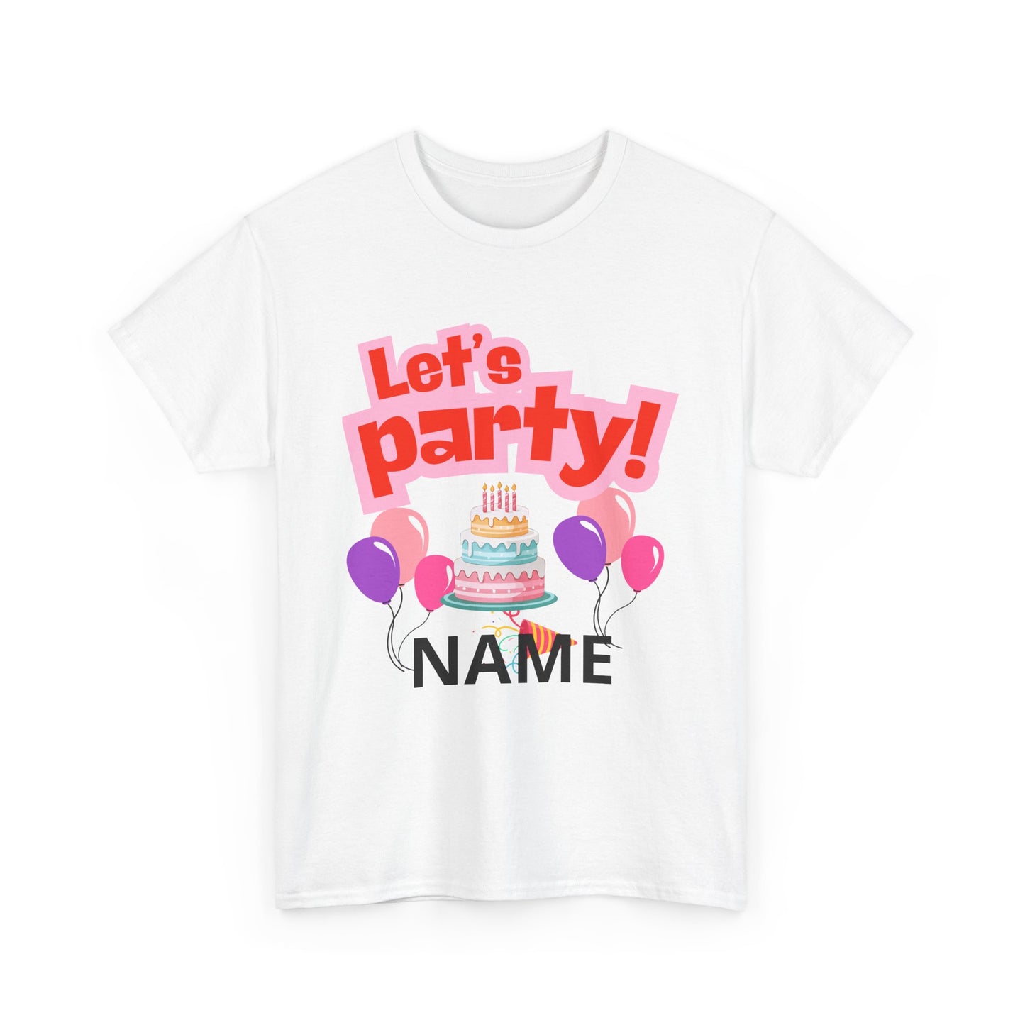Birthday Party T-Shirt — “Let’s Party!” Personalized Tee with Cake & Balloons