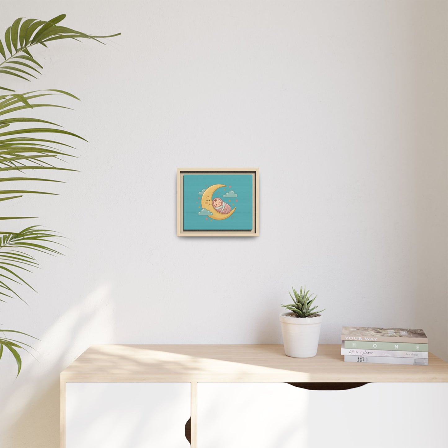 Framed Baby Moon Nursery Canvas – Cute Sleeping Baby on Crescent Moon Wall Art