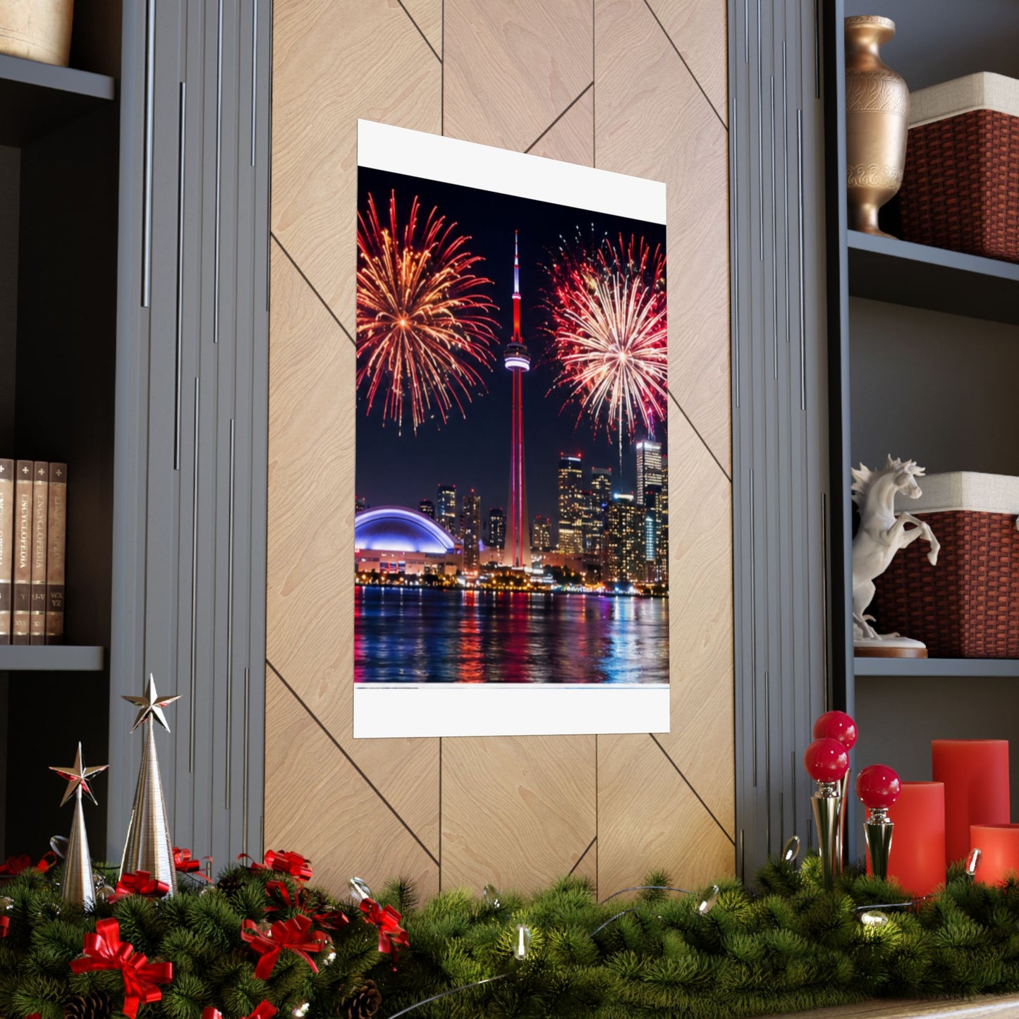 CN Tower Fireworks Matte Vertical Poster — Toronto Skyline Night Celebration Wall Art