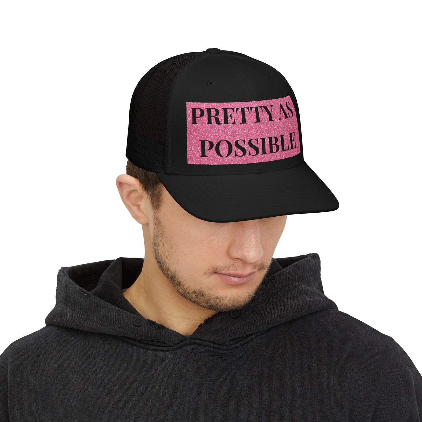 PRETTY AS POSSIBLE Snapback Hat | Pink Glitter Text Trucker Cap