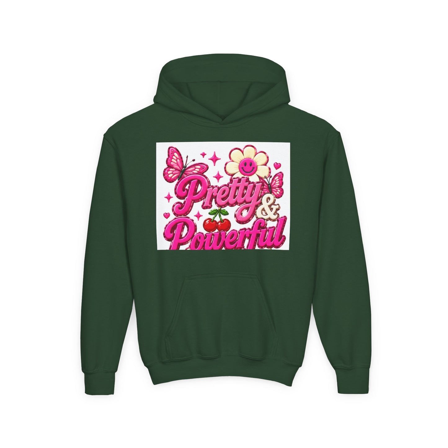 Pretty & Powerful Youth Hoodie | Pink Flower Butterfly Design