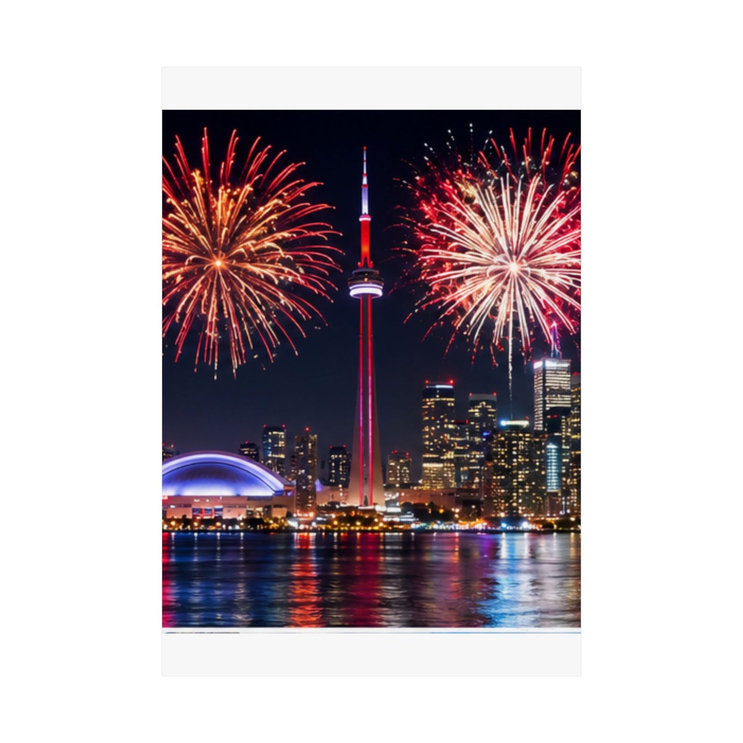 CN Tower Fireworks Matte Vertical Poster — Toronto Skyline Night Celebration Wall Art