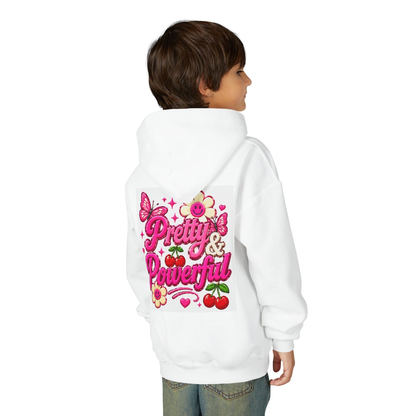 Pretty & Powerful Youth Hoodie | Pink Flower Butterfly Design