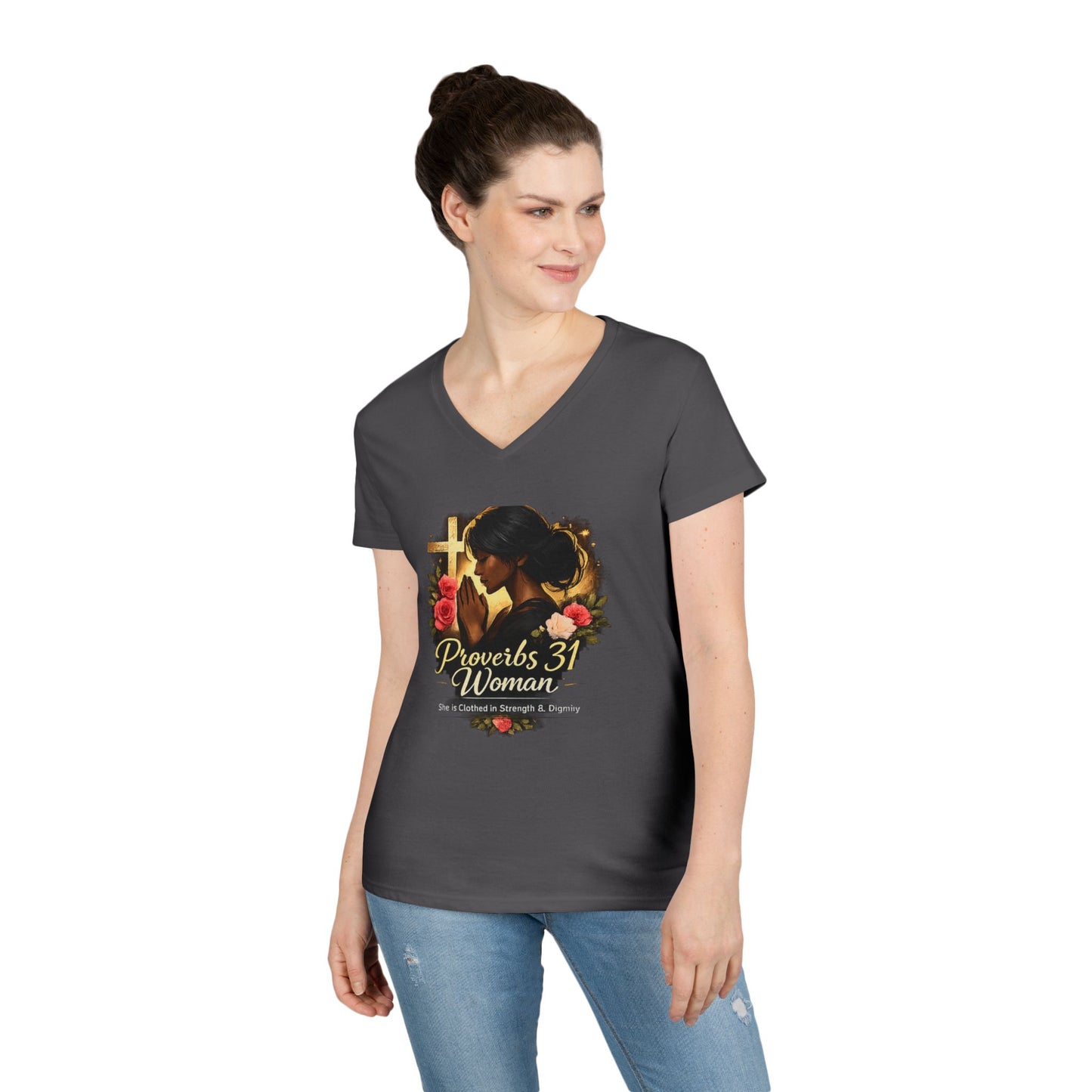 Proverbs 31 Woman V-Neck Tee — Faithful Christian Ladies Floral Shirt