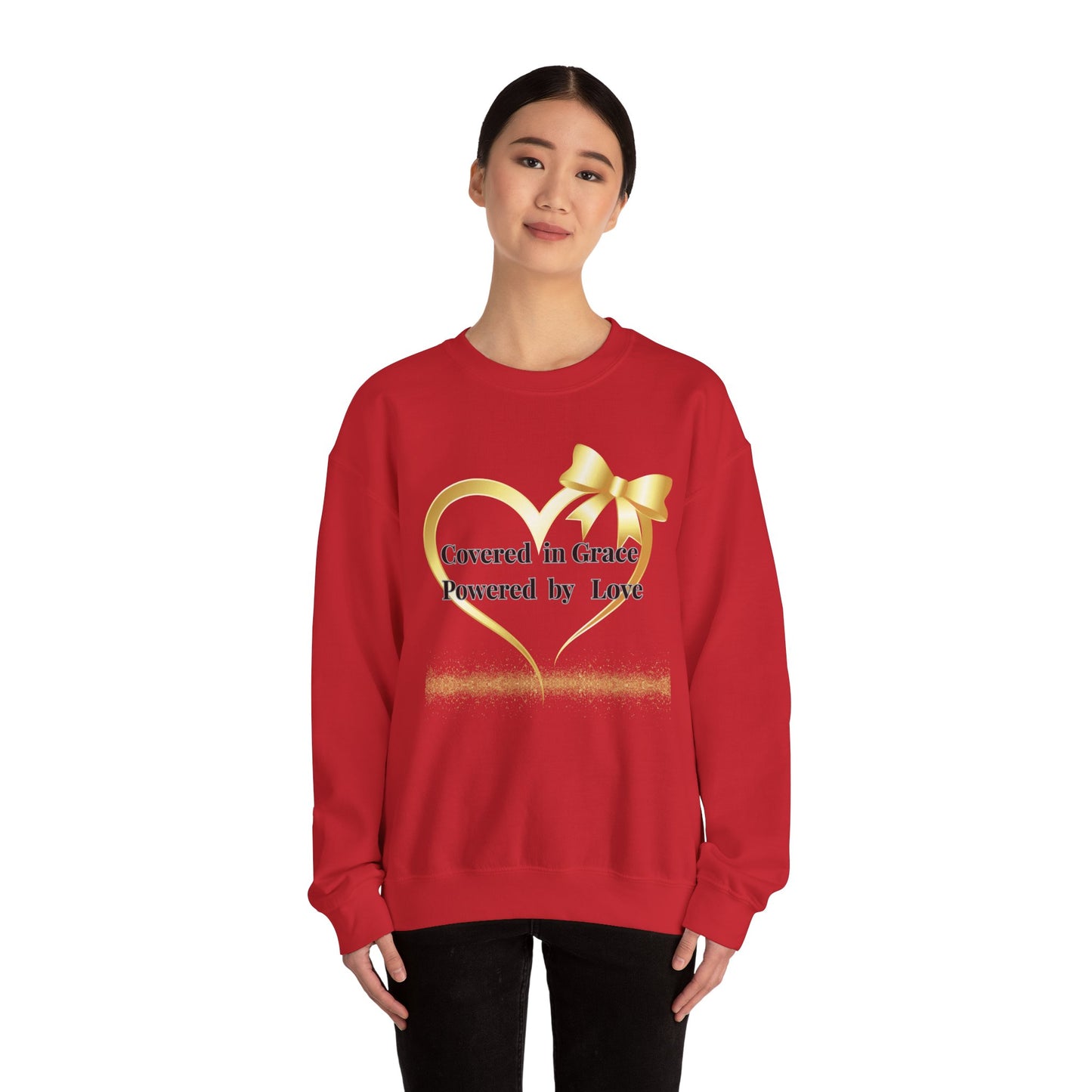 Crewneck Sweatshirt — "Covered in Grace Powered by Love" Gold Heart Design