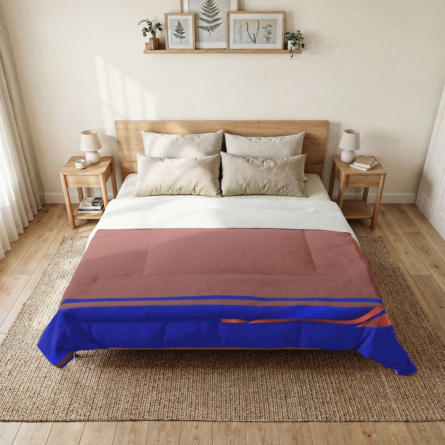 Golden Ribbon Cotton Comforter – Modern Minimalist Bedspread with Blue & Red Accents