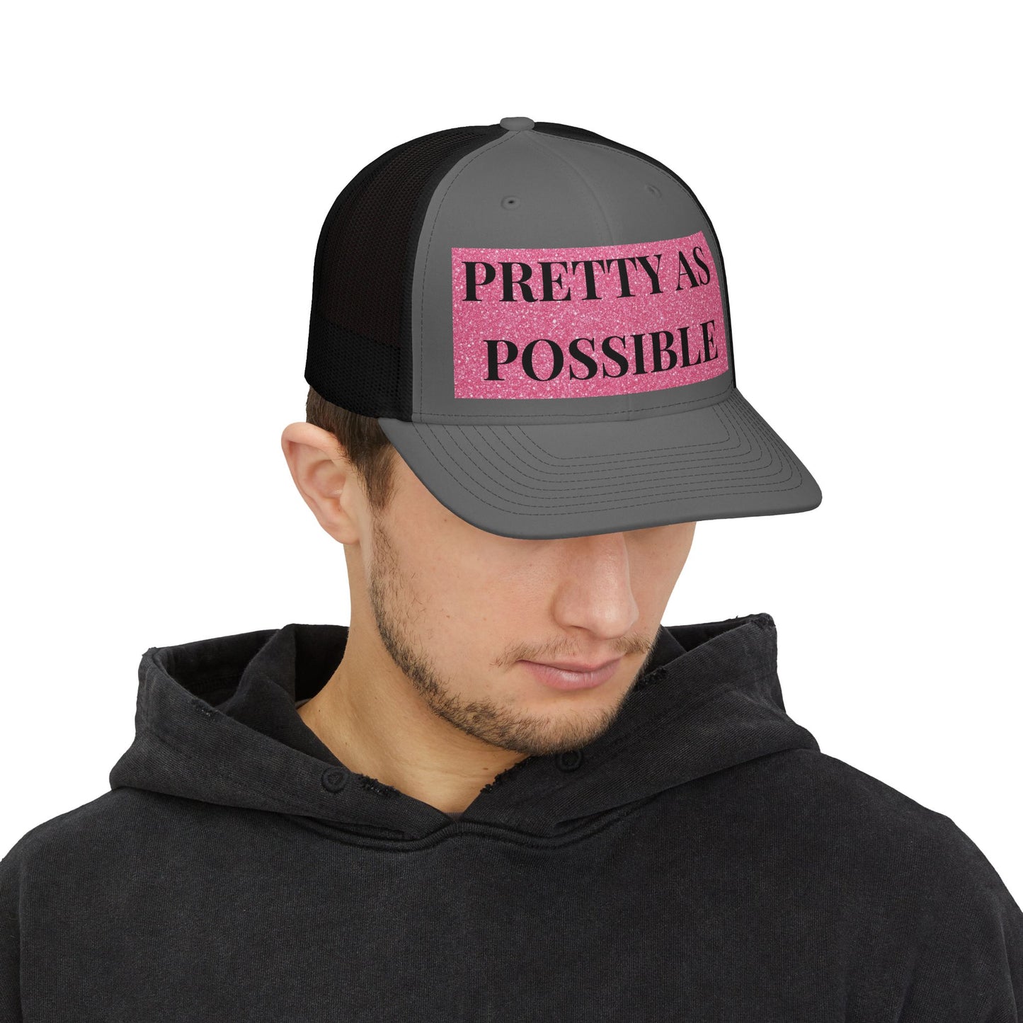 PRETTY AS POSSIBLE Snapback Hat | Pink Glitter Text Trucker Cap