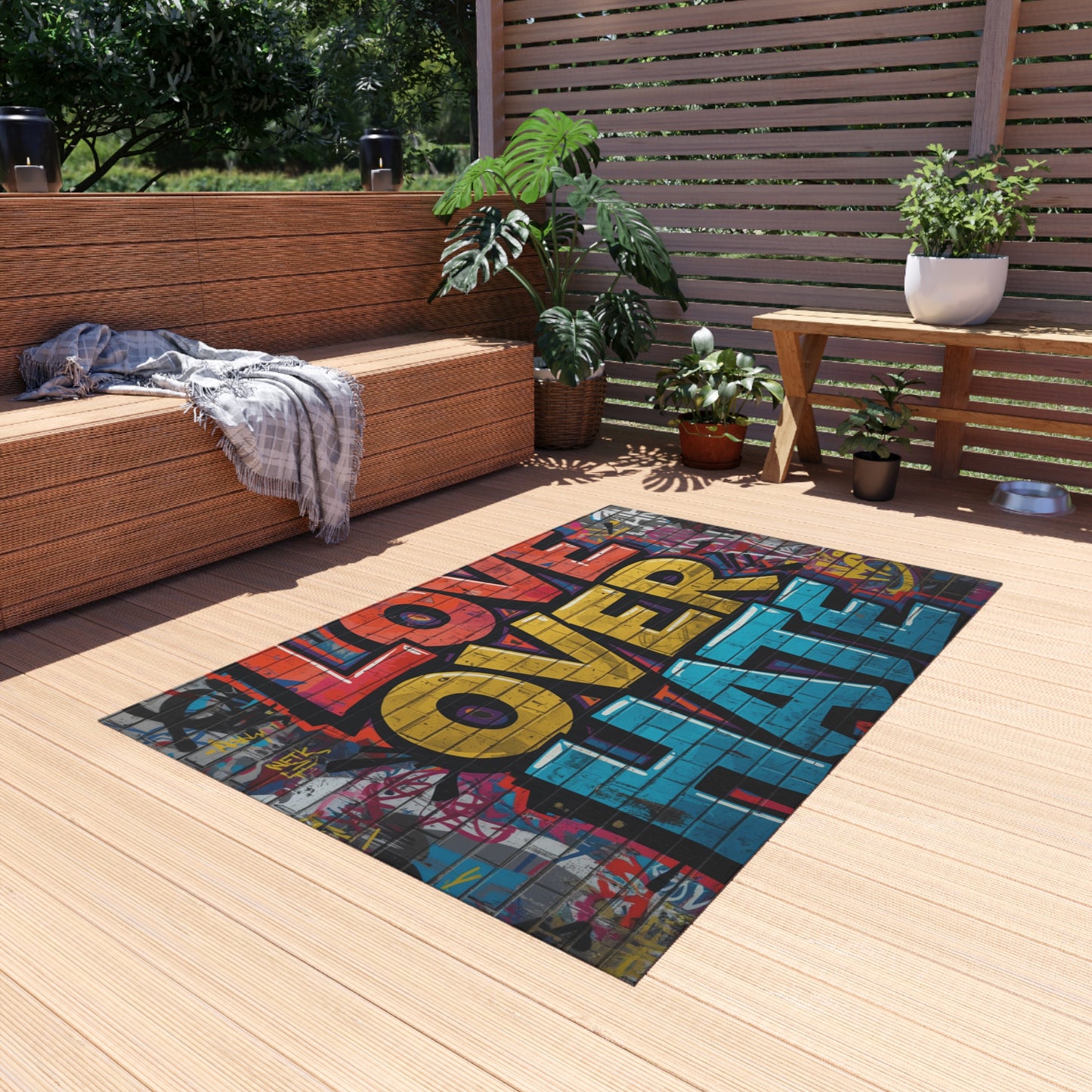 Love Over Hate Outdoor Rug — Colorful Graffiti Patio Mat
