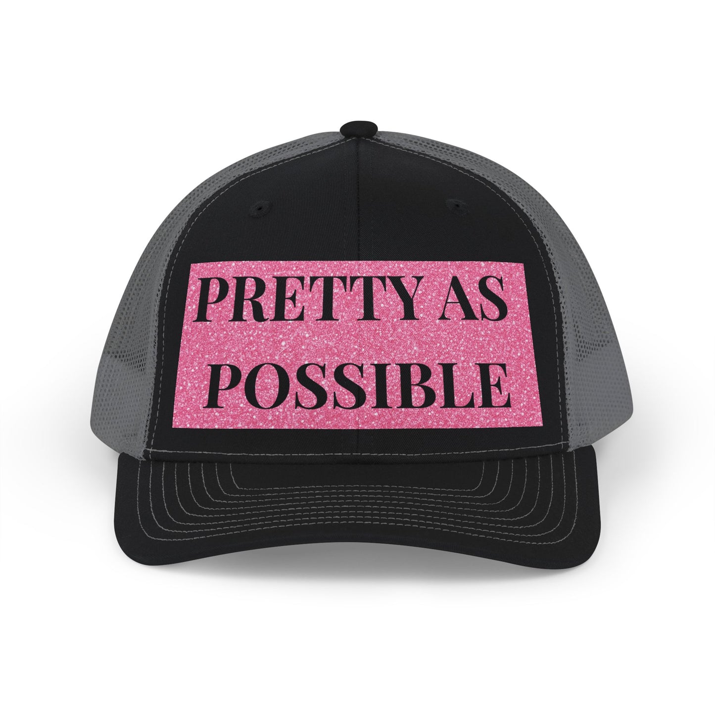 PRETTY AS POSSIBLE Snapback Hat | Pink Glitter Text Trucker Cap