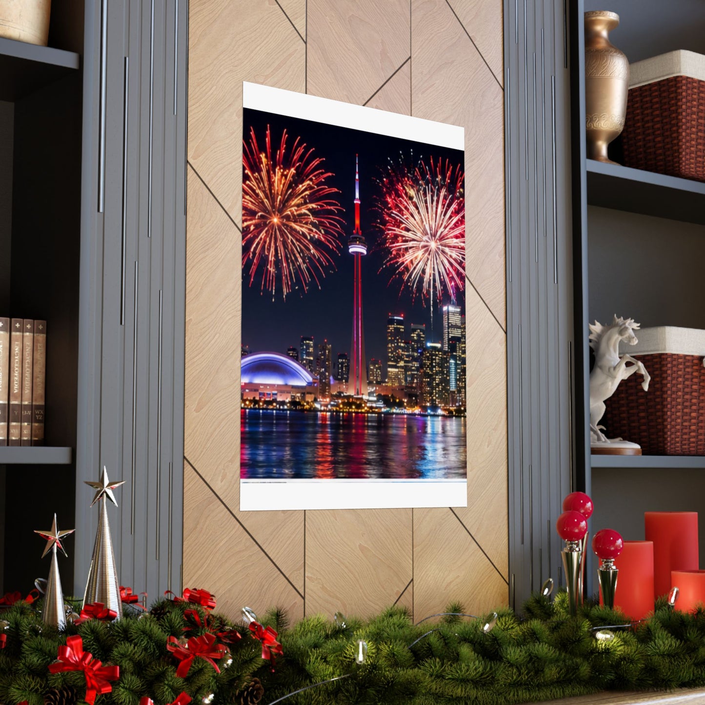CN Tower Fireworks Matte Vertical Poster — Toronto Skyline Night Celebration Wall Art