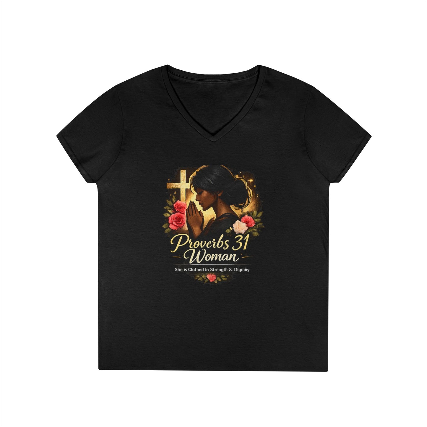 Proverbs 31 Woman V-Neck Tee — Faithful Christian Ladies Floral Shirt